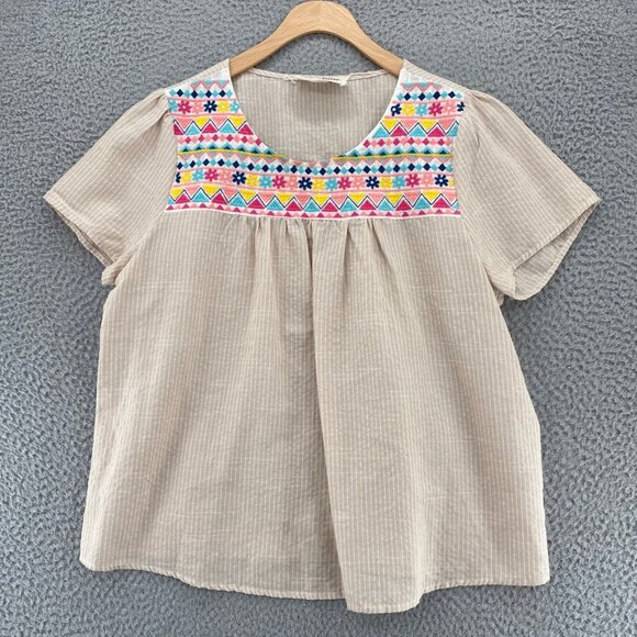 Savanna Jane Top Womens Medium Beige Striped Embroidered Short Sleeve Pleated - Picture 1 of 10